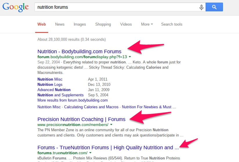 Example of Google search results for nurition forums.