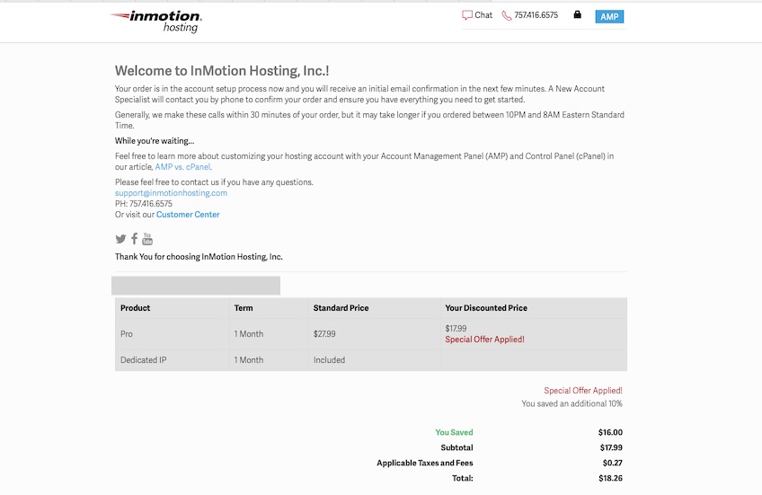 InMotion Hosting welcome page with introductory information for new users.