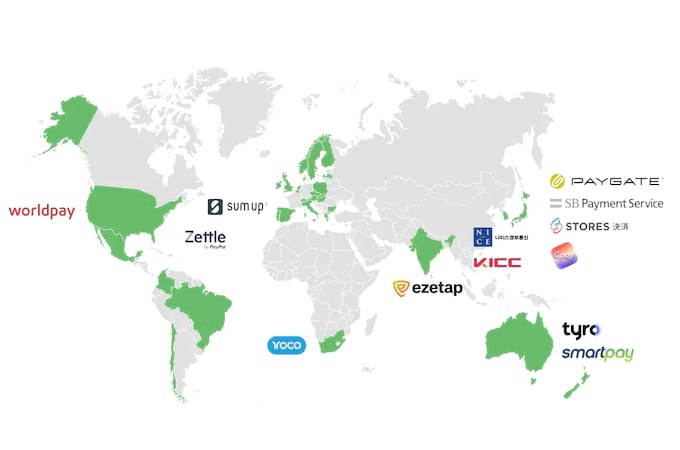 Screenshot of Loyverse's credit card integration for various countries shown on a global map.