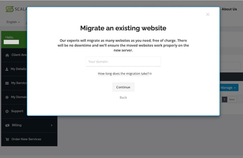ScalaHosting migrate website page for transferring existing websites.
