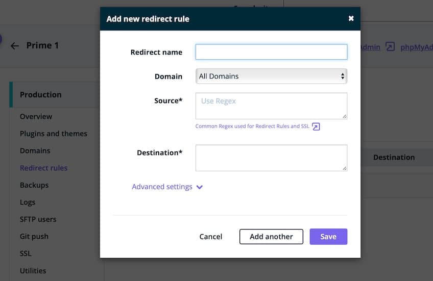 Redirect rule page for setting up URL redirects on a website hosted with WP Engine.