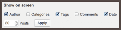 WordPress show on screen options.