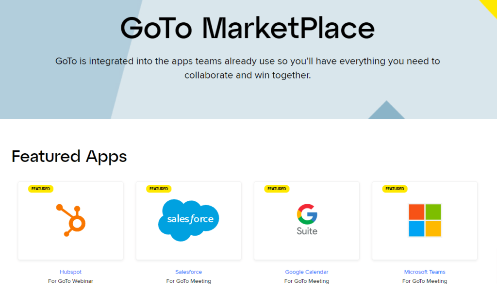 Screenshot of GoTo Marketplace with featured apps that include Hubspot, Salesforce, Google Calendar, and Microsoft Teams