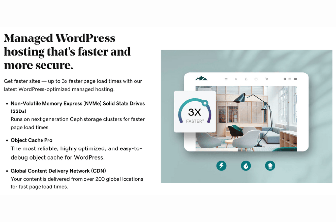 A header on the left side that reads “Managed WordPress hosting that’s faster and more secure” with a description of managed hosting features. On the right is an image of an office setting against a green background with a graphic in front that reads “3x faster.”