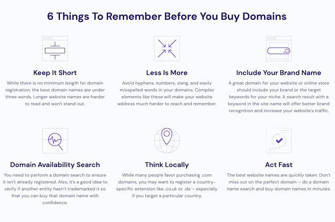 Hostinger's list of six things to remember before you buy domains with descriptions of the following: keep it short, less is more, include your brand name, domain availability search, think locally, and act fast