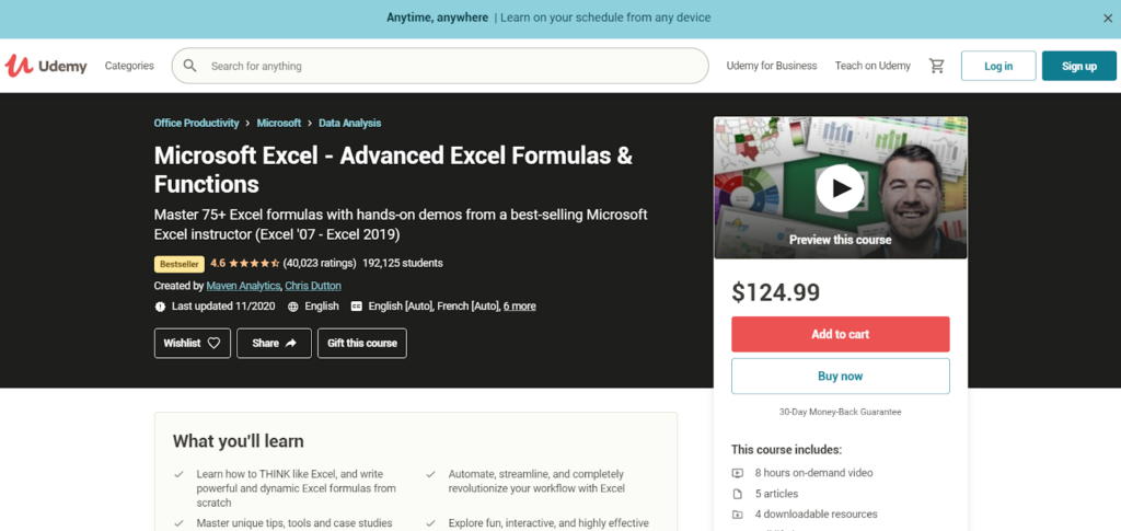 Microsoft Excel - Advanced Excel Formulas and Functions course by Udemy sign up page.
