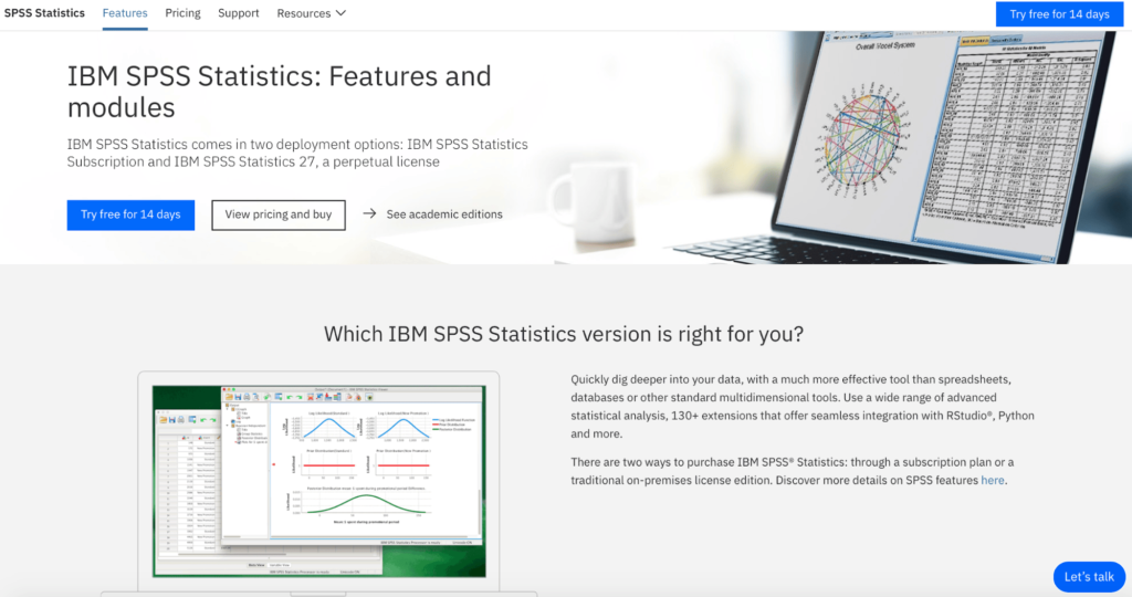 IBM SPSS statistical analysis software features page.