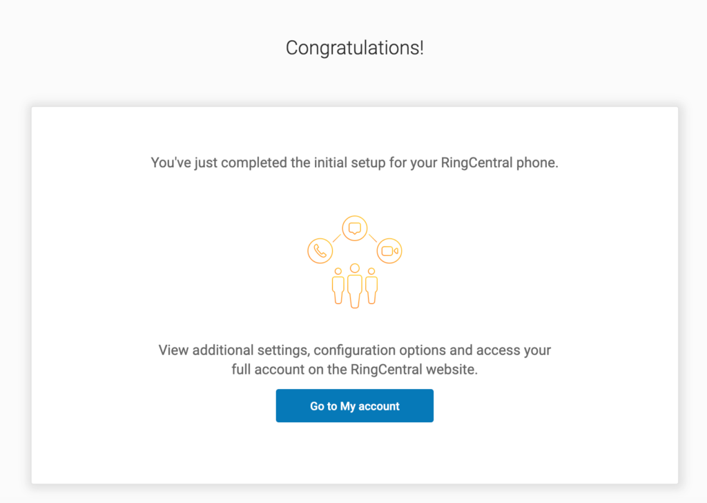 RingCentral congratulations completion of initial setup for phone service example.
