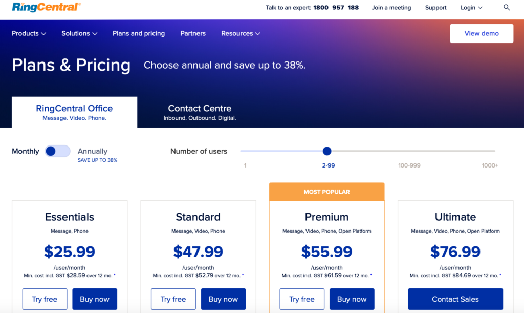 RingCentral pricing plans.