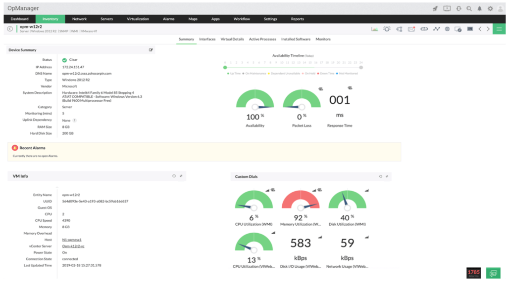 ManageEngine OpManager data dashboard example.