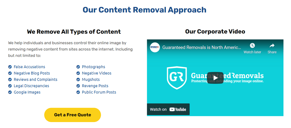 Guaranteed Removals Content Removal Approach page listing types of content they remove