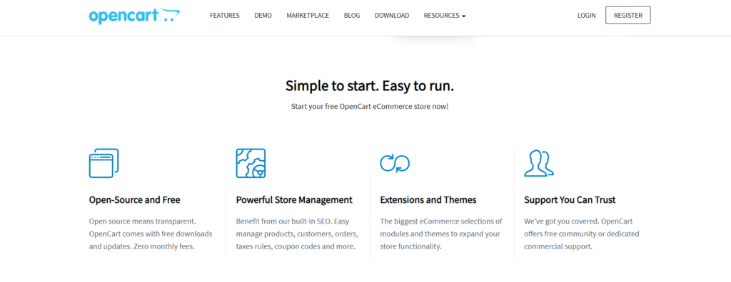 A screenshot of the landing page for Opencart. 