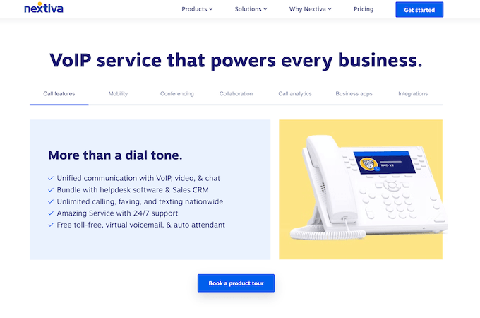 Screenshot of Nextiva VoIP service landing page with headline that says, "VoIP service that powers every business."