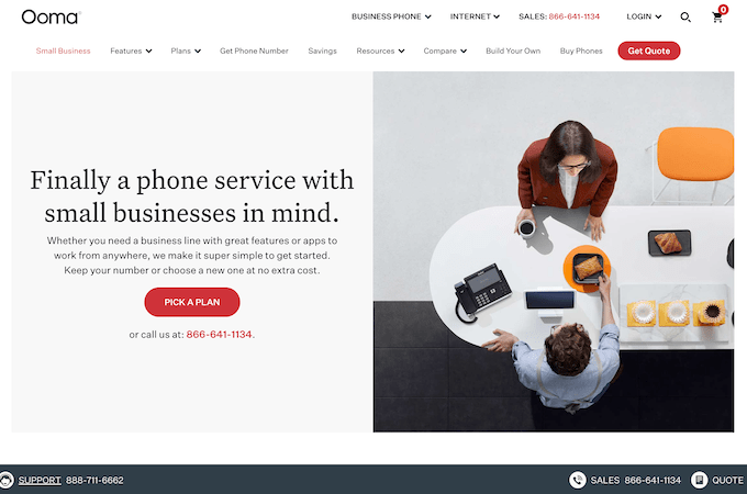 Screenshot of Ooma small businesses landing page with headline that says, "Finally a phone service with small businesses in mind."