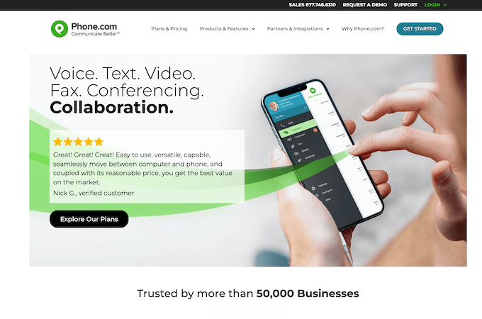 Screenshot of Phone.com home page with a verified five-star review and headline that says, "Voice. Text. Video. Fax. Conferencing. Collaboration."