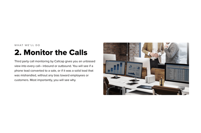 Screenshot of CallCap "What We'll Do" webpage that explains how they give you an unbiased view into every call with third party call monitoring