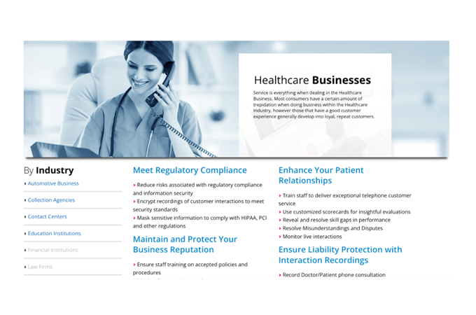 Screenshot of RECITE by Numonix webpage for healthcare businesses