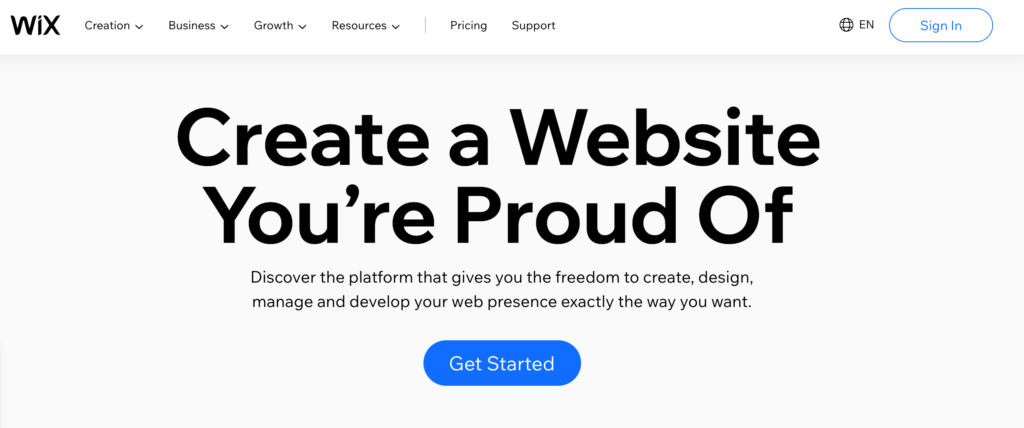 Wix website builder get started page.